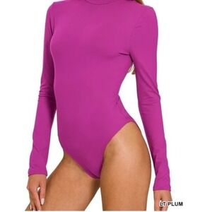 New Zenana Large Mock Neck Long Sleeve Bodysuit Light Plum Purple MB-9086D4 Snap